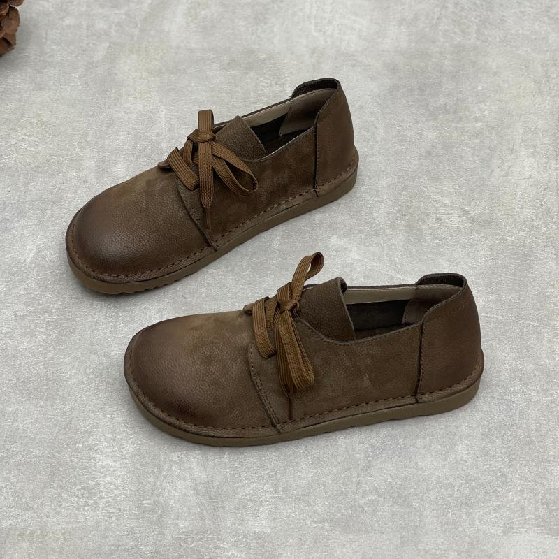 Johnature Casual Genuine Leather Lace-up Flats Round Toe Solid Color Cowhide Versatile Women's Shoes