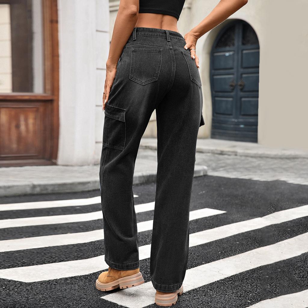 Women's Casual Fashion Solid Color Elastic Waist Pockets Wide Leg Straight Jeans Pants