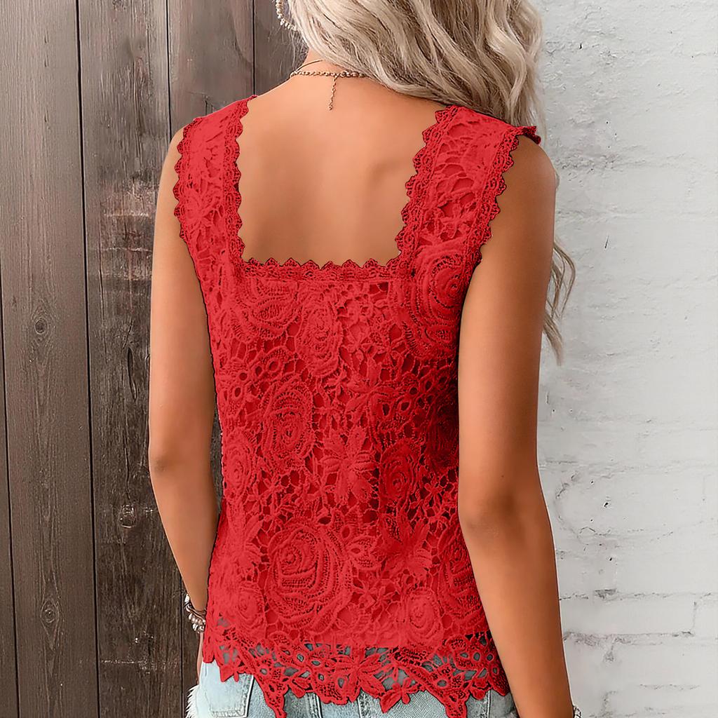 Ladies' Color Casual Elegant Square Silk Sleeveless Vest With Collar And Lace Top