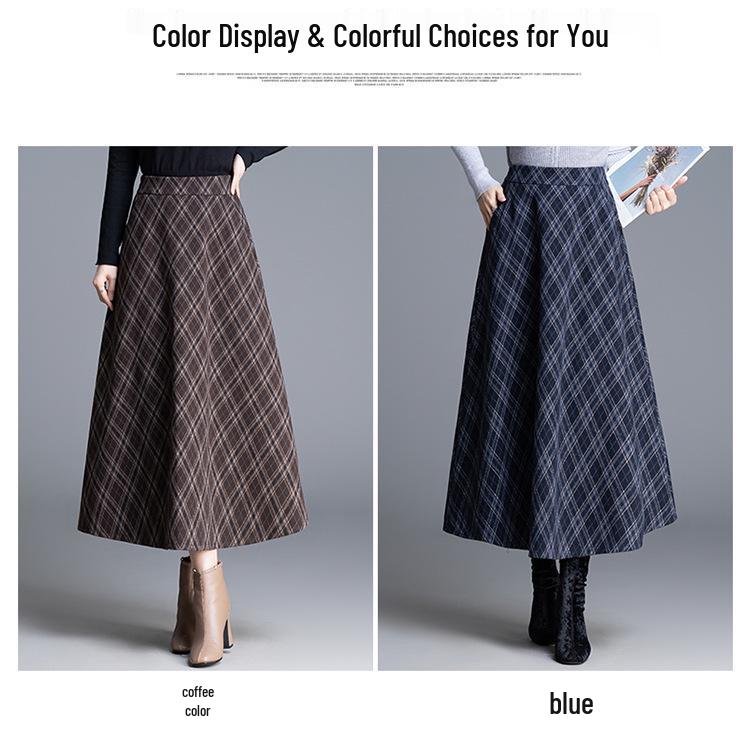 Chic High-Waisted Plaid A-Line Skirt - 2025 Autumn/Winter, Long Length, Women's Cozy Fashion