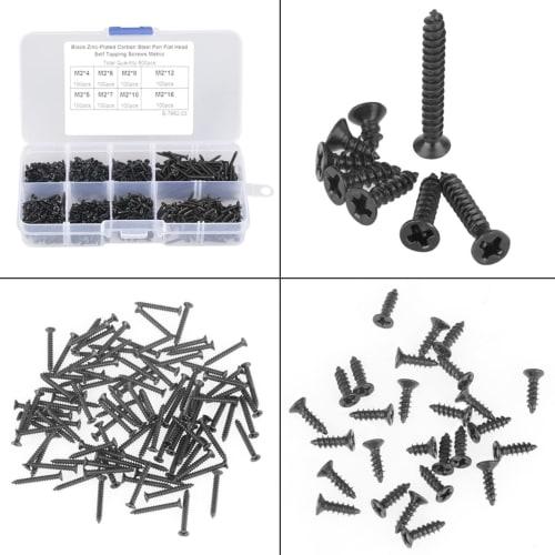Walfront M2 Screws, 800-Piece Black Carbon Steel Countersunk Head Self-Tapping Screw Set with Box, 8 Lengths, Cross Head, M2 Black Carbon Steel Counte