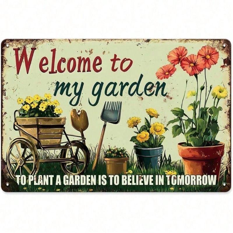 Retro Vintage Metal Garden Sign with Flowers 20x30cm Home Kitchen Decor