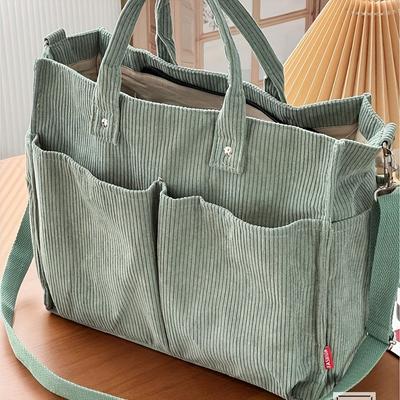 [Geantă Tote din Corduroy cu Buzunare Multiple] Geantă Tote Chic din Corduroy pentru Femei - cu Buzunare Multiple și Model în Dungi | Geantă de Mână Casual și Artistică Crossbody de Umăr