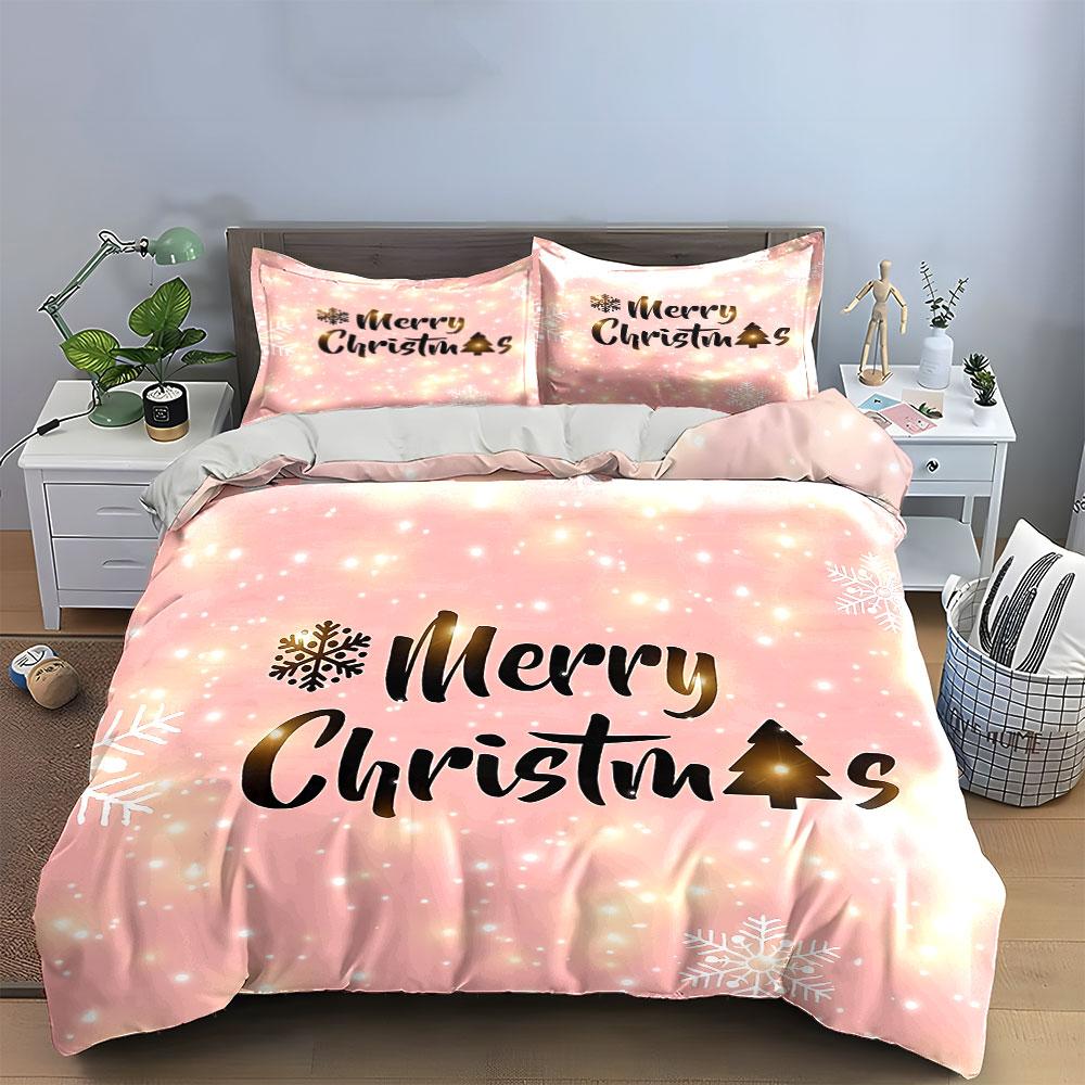 Merry Christmas Snowflake Pink Bedding Duvet Cover Set Duvet Cover Pillowcases (1*Duvet Cover 2*Pillowcases, without duvet insert)