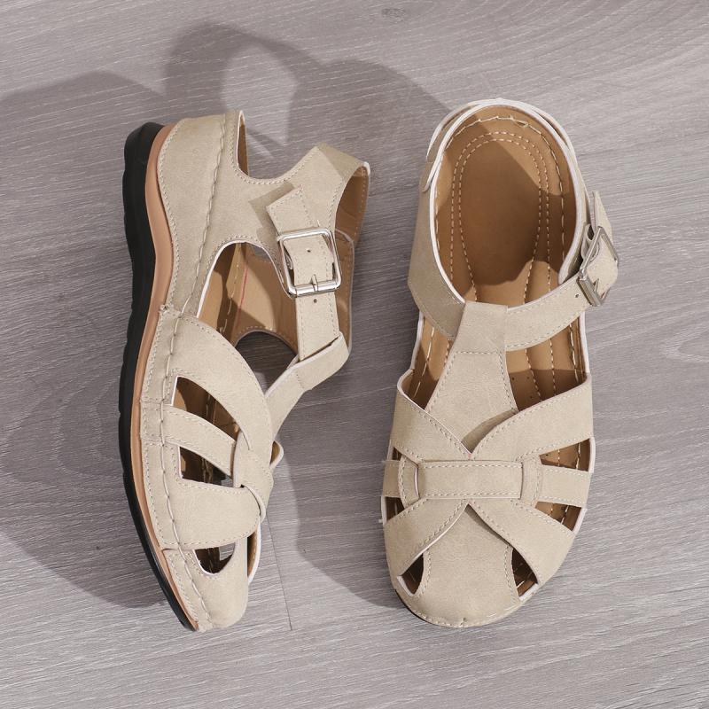 Casual Hollow Out Close Toe Gladiator Sandals Women 2025 Summer Round Toe Low Heel Ankle Strap Sandals Soft Sole Beige Shoes