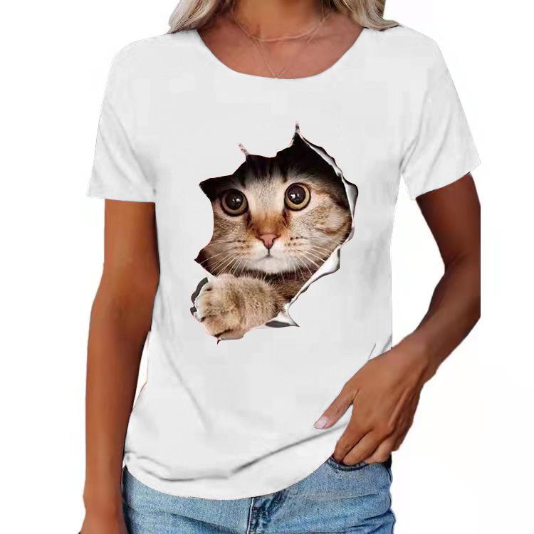 2024 Spring/Summer Women's Crew Neck Ripped Cat Graphic Loose Short Sleeve T-shirt.