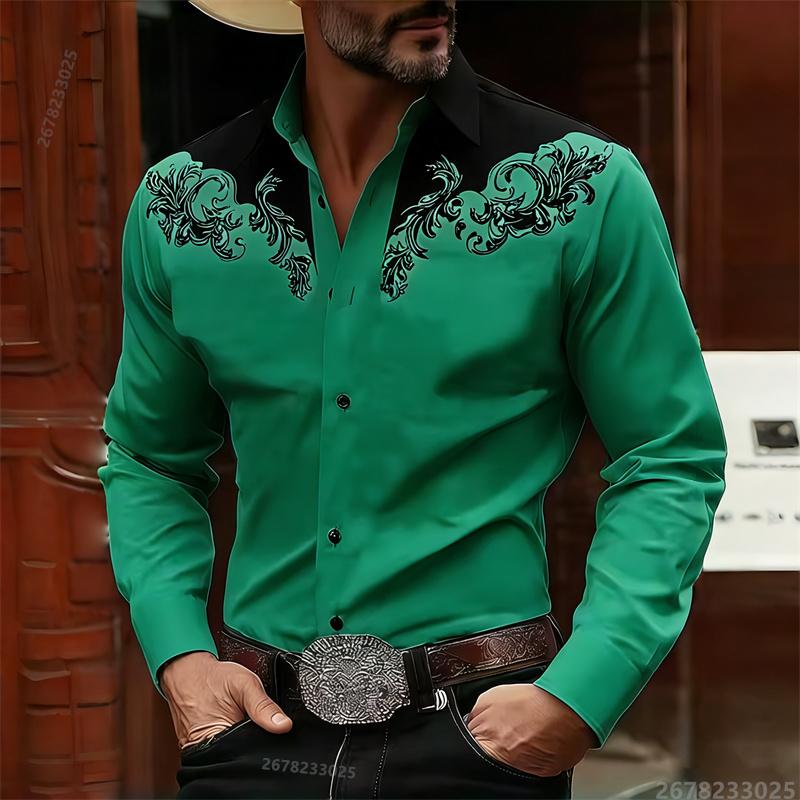 Camisa de Manga Larga para Hombre Estilo Vaquero Occidental Estampado de Bloques de Color Blanco y Negro, Top Casual de Moda Retro, Tejido de Alta Calidad