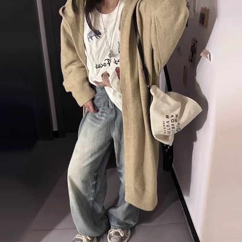 Women's Hooded Knit Cardigan - Maillard Style, Long, Cozy, 2025 Autumn/Winter Collection, Student Lazy Fit