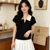 Summer New Color-matching POLO Collar Thin Short-sleeved Knitted Top for Women, Slimming and Fashionable, Versatile, with A V-neck Design. T-shirt