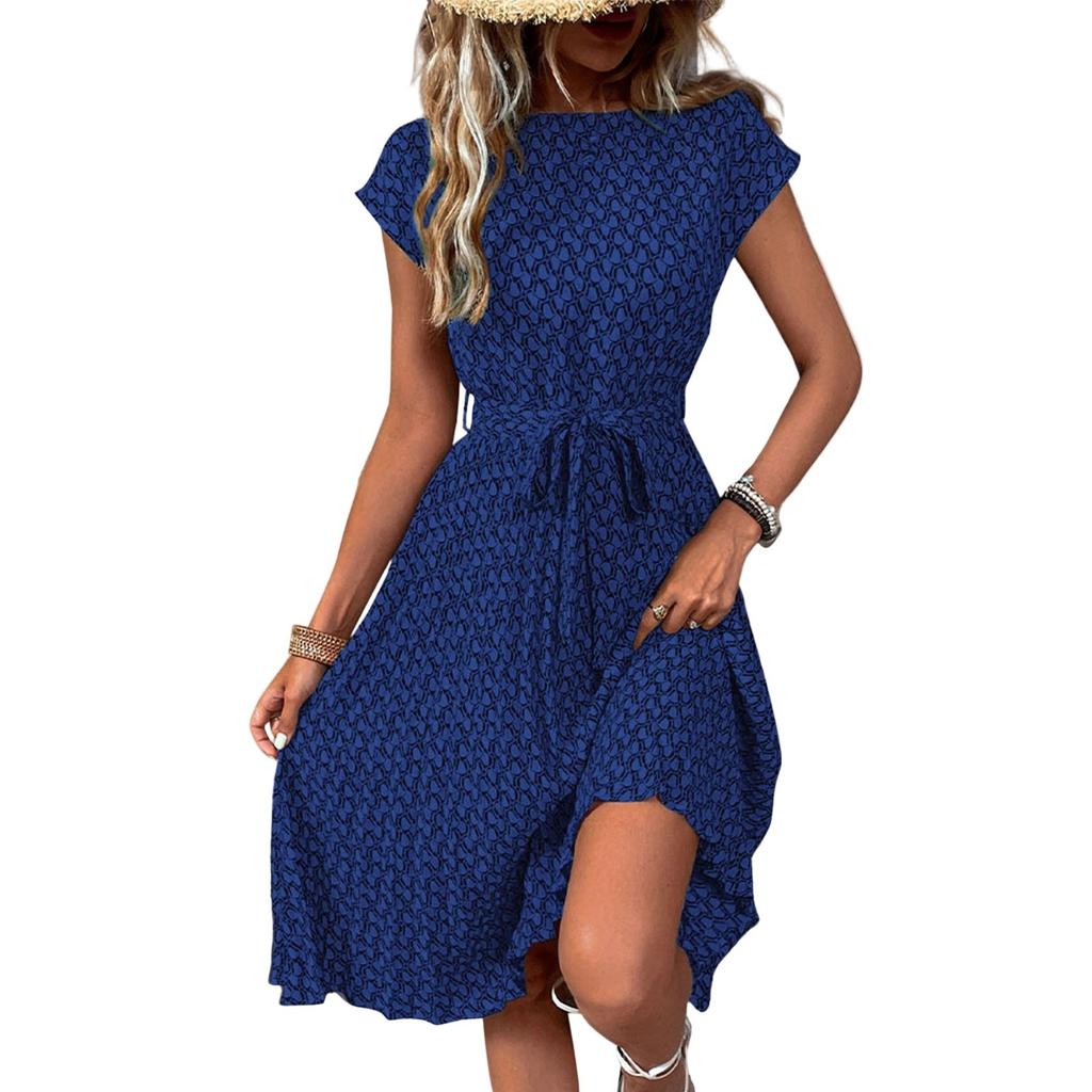 Women's Casual  Loose Print Pleated Waistband Dress Print Pleated Waistband Dress
