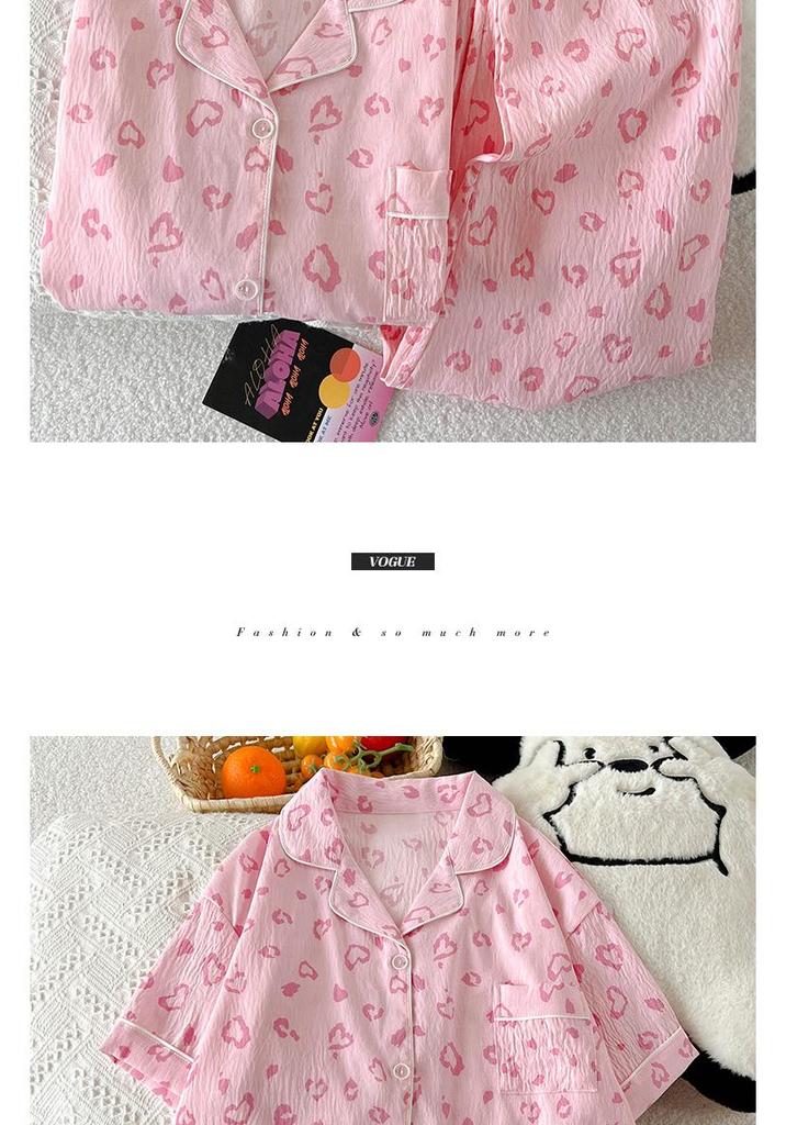 Women's Three-Piece Leopard Print Cotton Pajama Set: Short-Sleeve Top and Long Pants for Casual Summer Elegance.