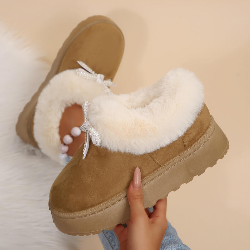 Fashion Thick Bottom Fluffy Fur Snow Boots Women 2025 Winter Warm Plush Ankle Boots with Platform Sweet Bowknot New Furry Non Slip Shoes