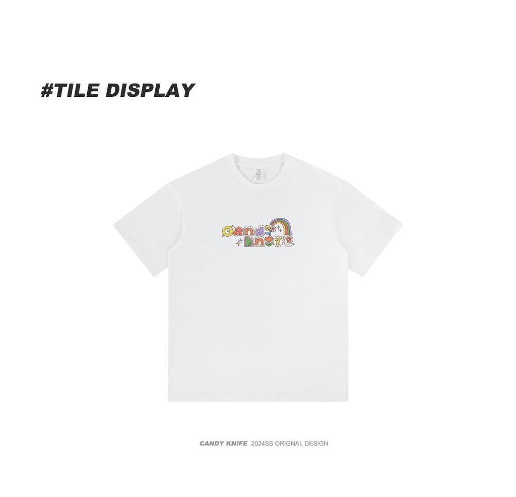 Tide Pure Cotton Unisex T-Shirt - Fun Letter Cartoon Print, Loose Fit, Unique Design