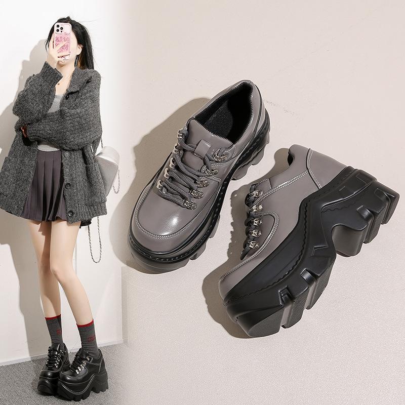 Goth Babes Rock Dark Punk Round Head Heightening Versatile Lace-up Platform Muffin Shoes Subcultural Small Leather Shoes