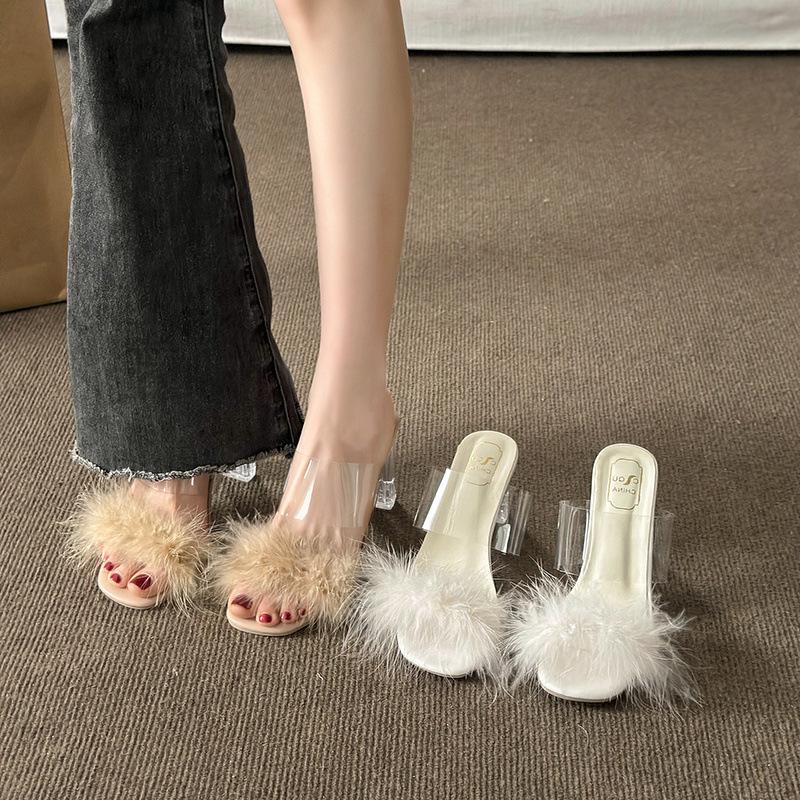 Fairy Wind Fluffy Slippers Female Summer Wear 2025 New Internet Celebrity Thick Heel One-word Drag Crystal High Heel Cool Slippers