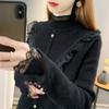 Women Ruffles Lace Patchwork Cashmere Sweater Autumn Winter Casual Knitted Jumpers Long Sleeve Slim Pullovers