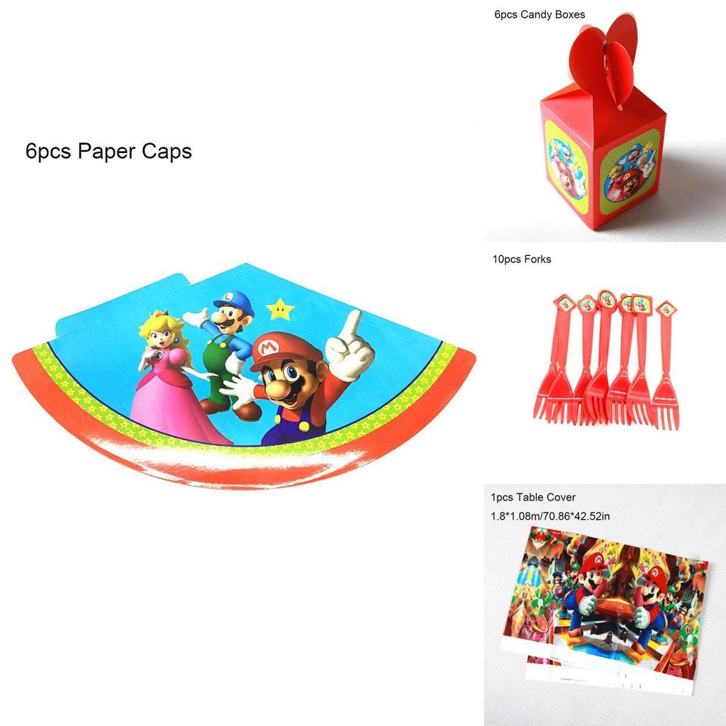 Renkli Bayraklar, Bardaklar ve Peçetelerle Süper Mario Temalı Doğum Günü Partisi Malzemeleri