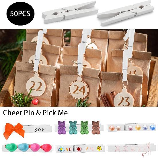 50Pcs White Wooden Clothesp, 2.9 inch Clothes P for Crafts, Natural Laundry Hanging Clips, DIY Cheer Pin
