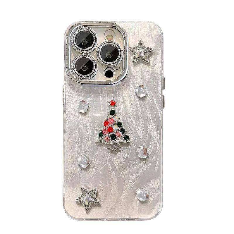 Flash Diamond Three-dimensional Christmas Tree Mobile Phone Case for Apple 17promax Feather Yarn Ins All-inclusive 16pro High-end Sense 14