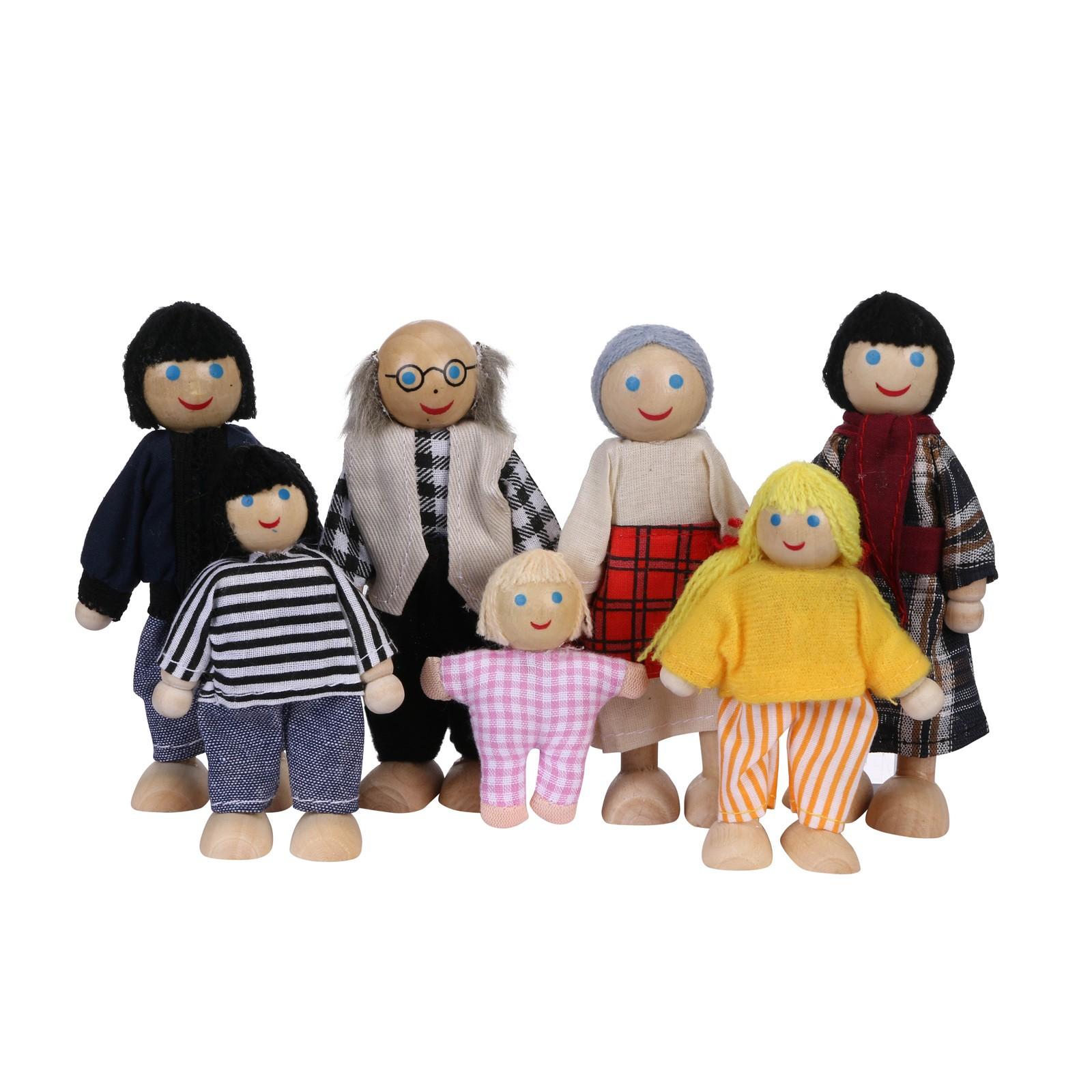 

Kids Girls Happy Dolls Family Playset Wooden Figures Set of 7 Dolls Kid