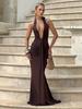 2025 European-American Style Sexy Backless Deep V Halter Evening Gown with Pleats