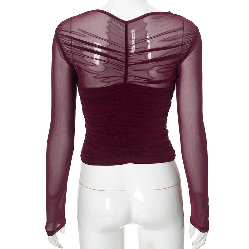 GMXIA Damska Jesienna Koszulka Top z Siateczki w Jednolitym Kolorze, Seksowna Plisowana z Długim Rękawem