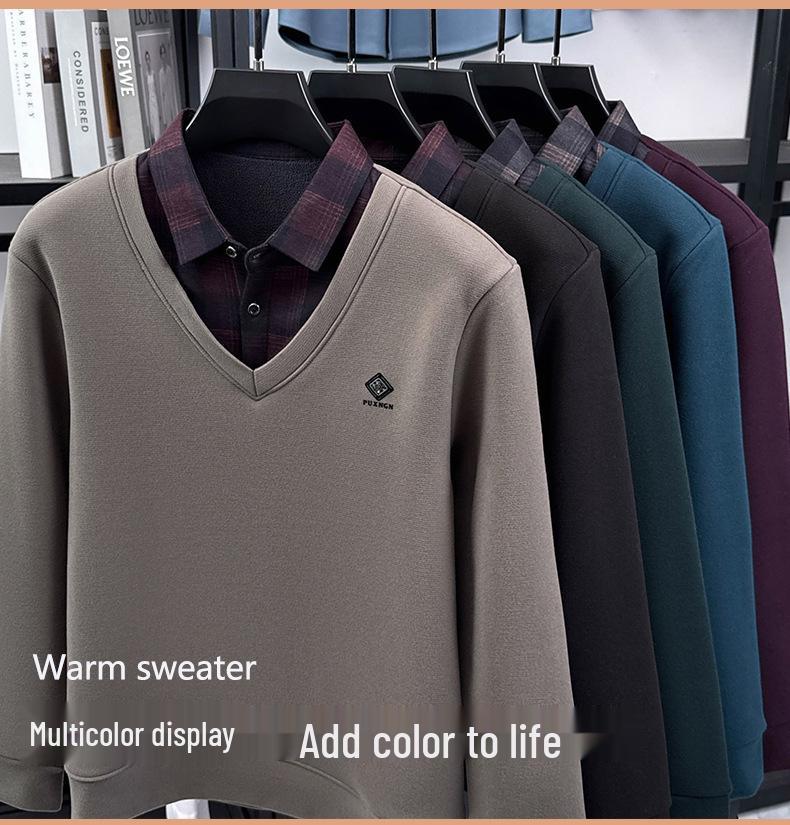 Men's Winter Faux Two-Piece Sweater with Shirt Collar and Velvet-Lined Knitwear