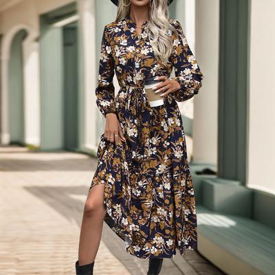 Autumn Women's Retro Printed Dress Temperament Elegant V-Neck Dress