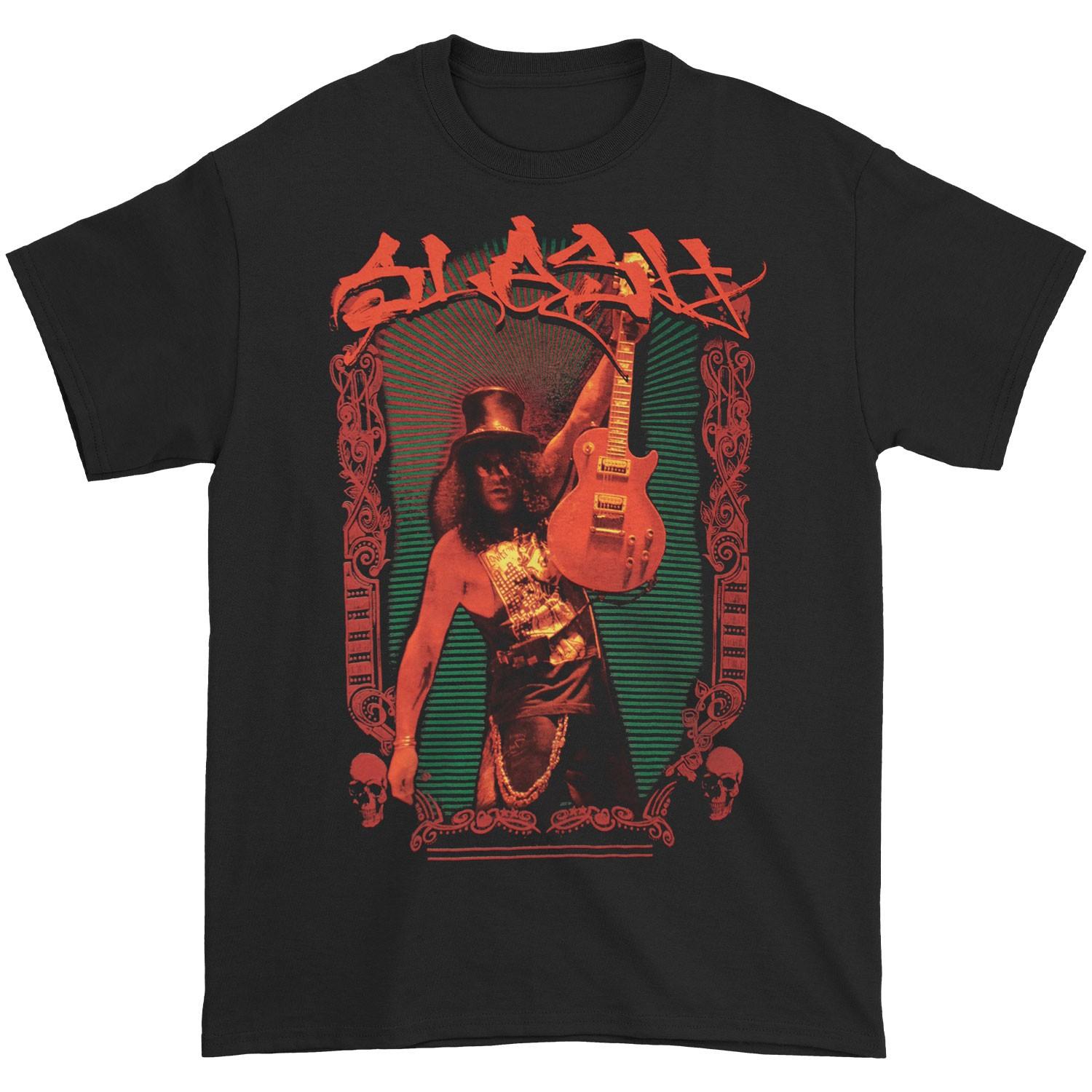 Men s Slash Ornate Frame With Holding Up Guitar Photo T-shirt Small Black XL