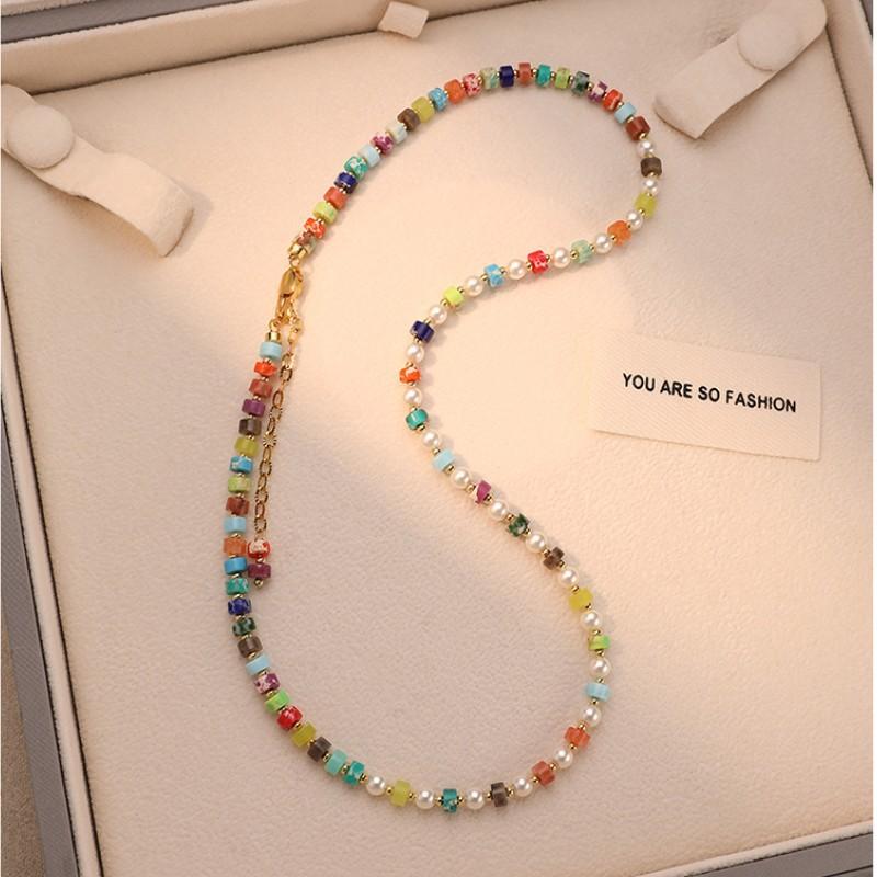 

Colorful Square Bead Pearl Layered Necklace – Gold Tone Boho Rainbow Jewelry, Adjustable Summer Gift разноцветный