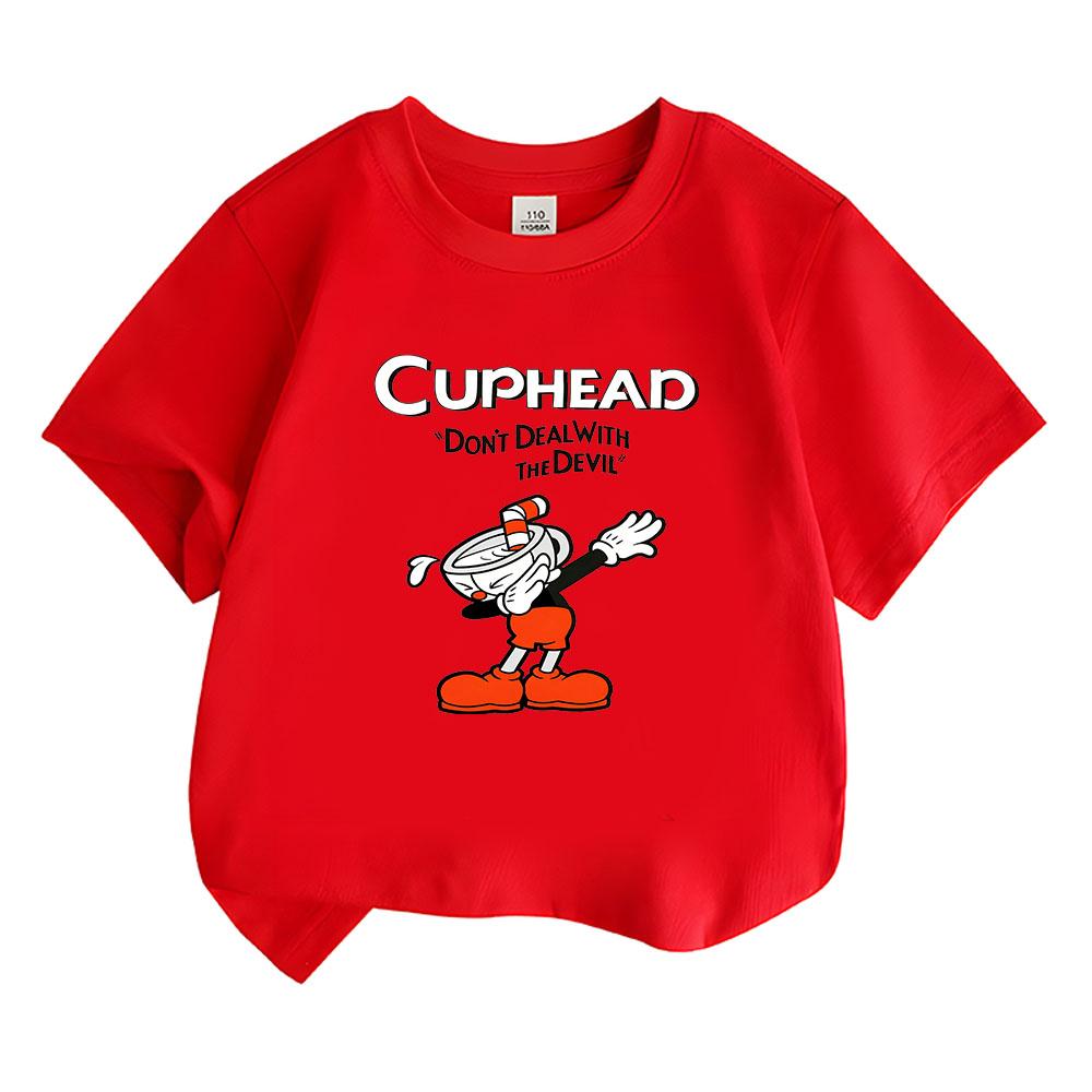 

2026 NEW Cuphead Cartoon 100% Cotton T-shirt Boys Girls Kids Clothing Anime Tops Manga Comic Short Sleeves Sports Fashion Tees Toddler 100 красный