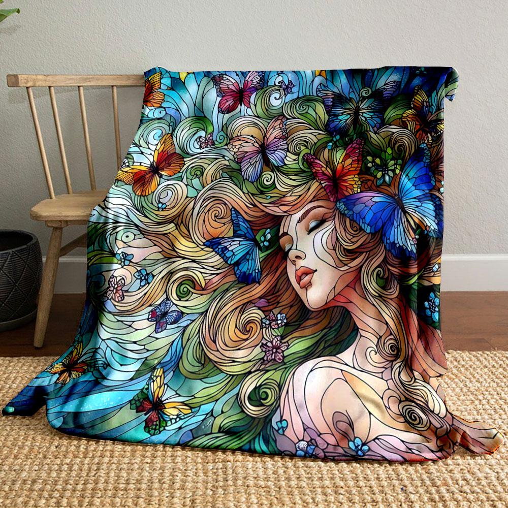 1PC Stained Glass Fairy Print Blanket Flannel Soft Comfort Home Travel Blanket Kids Warm Blanket Picnic RV Luxury Gifts
