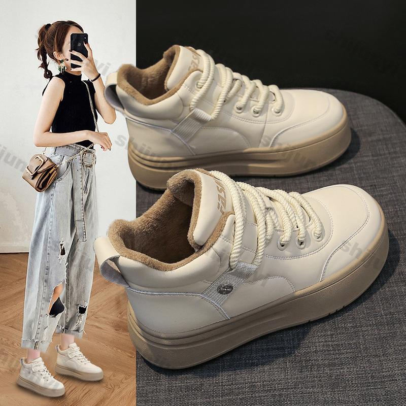 Fashion Women's High Top Vulcanized Shoes Autumn Winter Lace Up Soft Leather Plus Velvet Warm Cotton Shoes Thick Sole Leisure Sneakers
