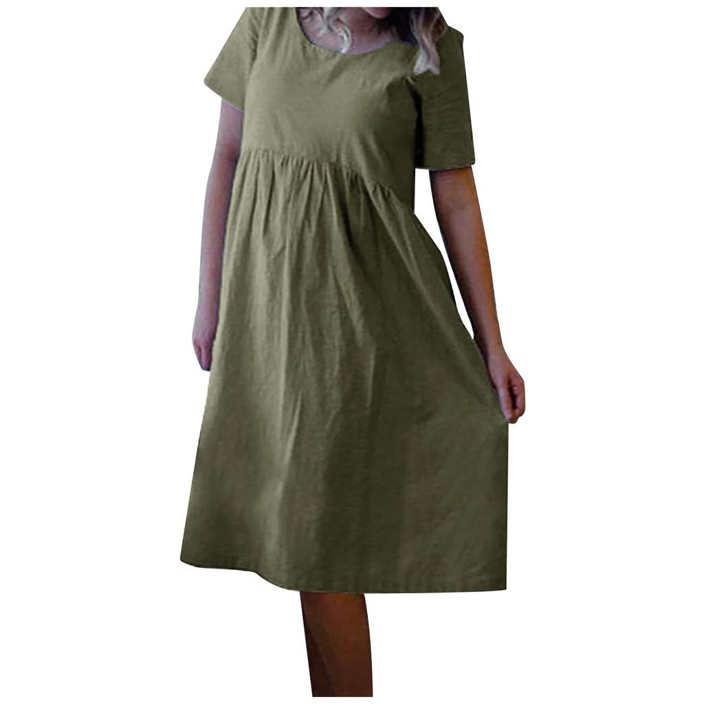 Women's Short Sleeve Cotton Linen Round Neck Pullover Oversized Dress