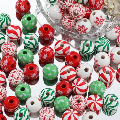 10 runde Holzkugeln, rot und grün, 16 mm, mit Cartoon-Baummuster, Halloween- und Weihnachtsmotiv, ideal für DIY-Schmuckherstellung