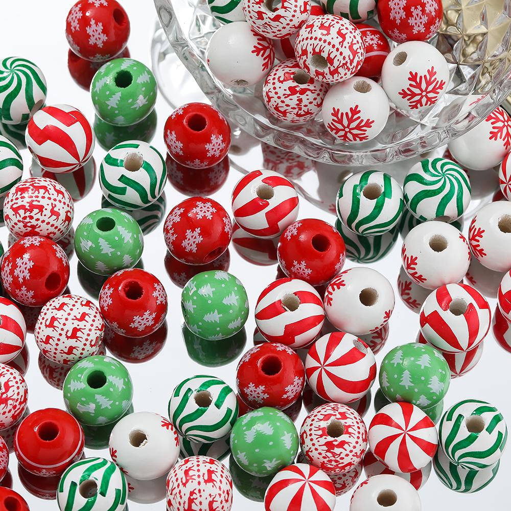 10pcs Round Balls Red Green Wooden Beads 16mm Cartoon Tree Pattern Halloween Christmas Beads For DIY Jewelry Making Accessories 16mm x 10pcs