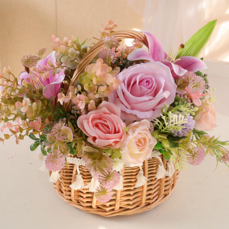 Floral Pastoral Wood Art: Straw, Willow, Rattan Weaving with Artificial Flowers and Basket Ornaments for Home and Living Room Décor