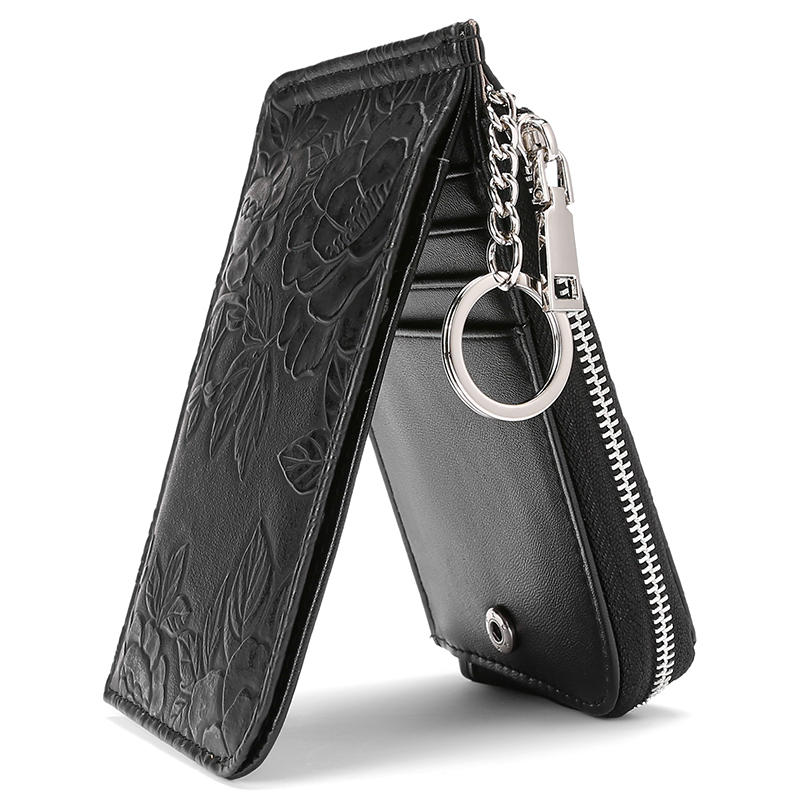 Card Holder Multiple Card Slots Zipper Card Bag Embossed Design Large Capacity Coin Purse Card Bag Wrist Strap Hand-Held Bag With Key Ring