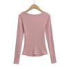 Spicy Girl Ribbed Peach V-neck Buttoned Slimming Long-sleeve T-shirt for Women - Spring 2025 Collection