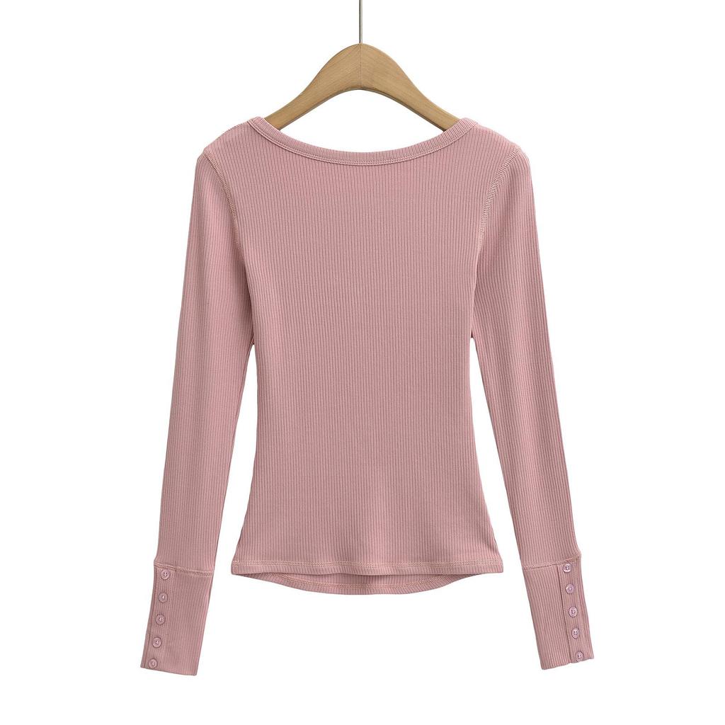 Spicy Girl Ribbed Peach V-neck Buttoned Slimming Long-sleeve T-shirt for Women - Spring 2025 Collection