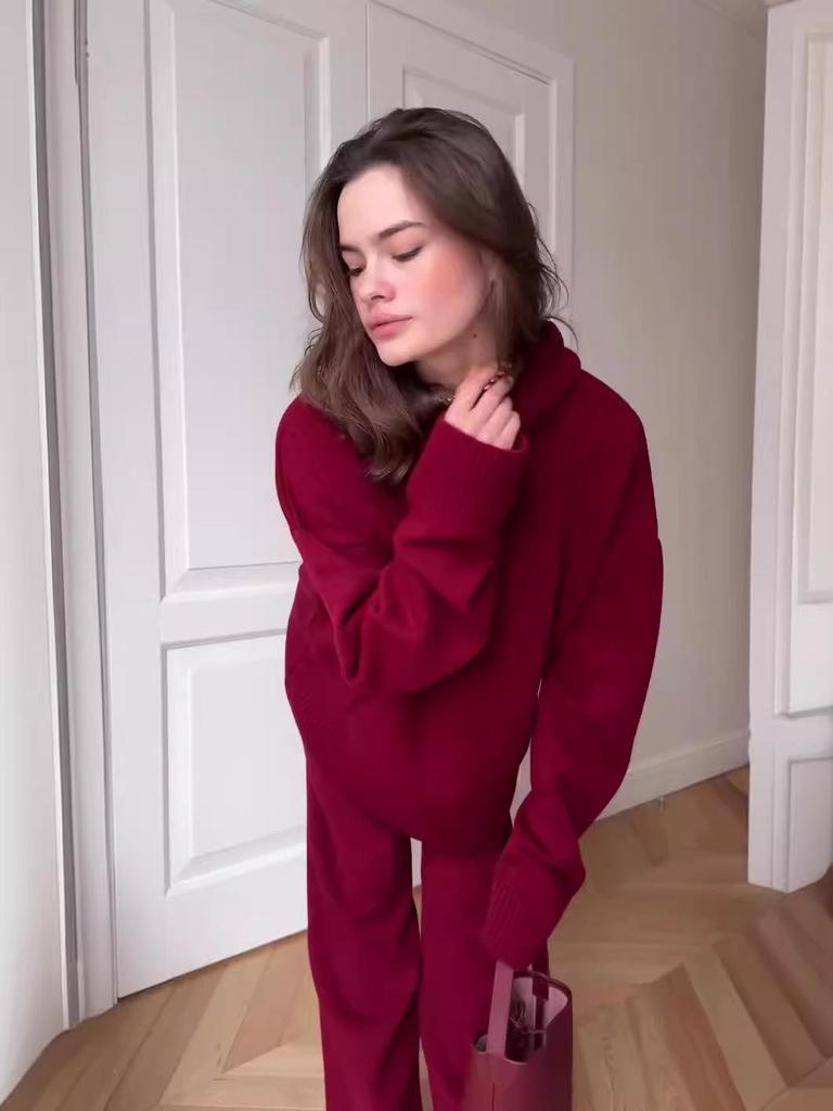 2024 Autumn Women's Red Hoodie & Casual Long Pants Two-Piece Set