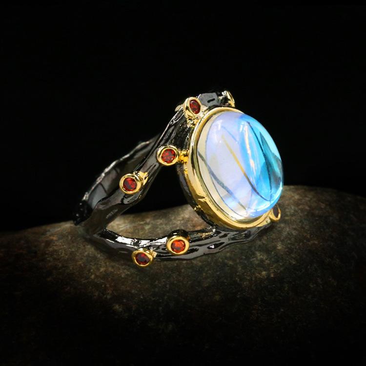 Ensemble de bijoux européens et américains abstraits en pierre de lune: Bague, Collier et Boucles d'oreilles Or Noir