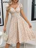 Women's Bubble Sleeve Long Dress, Sweet Style Floral V-Neck Ruffled Elegant Charm Dress