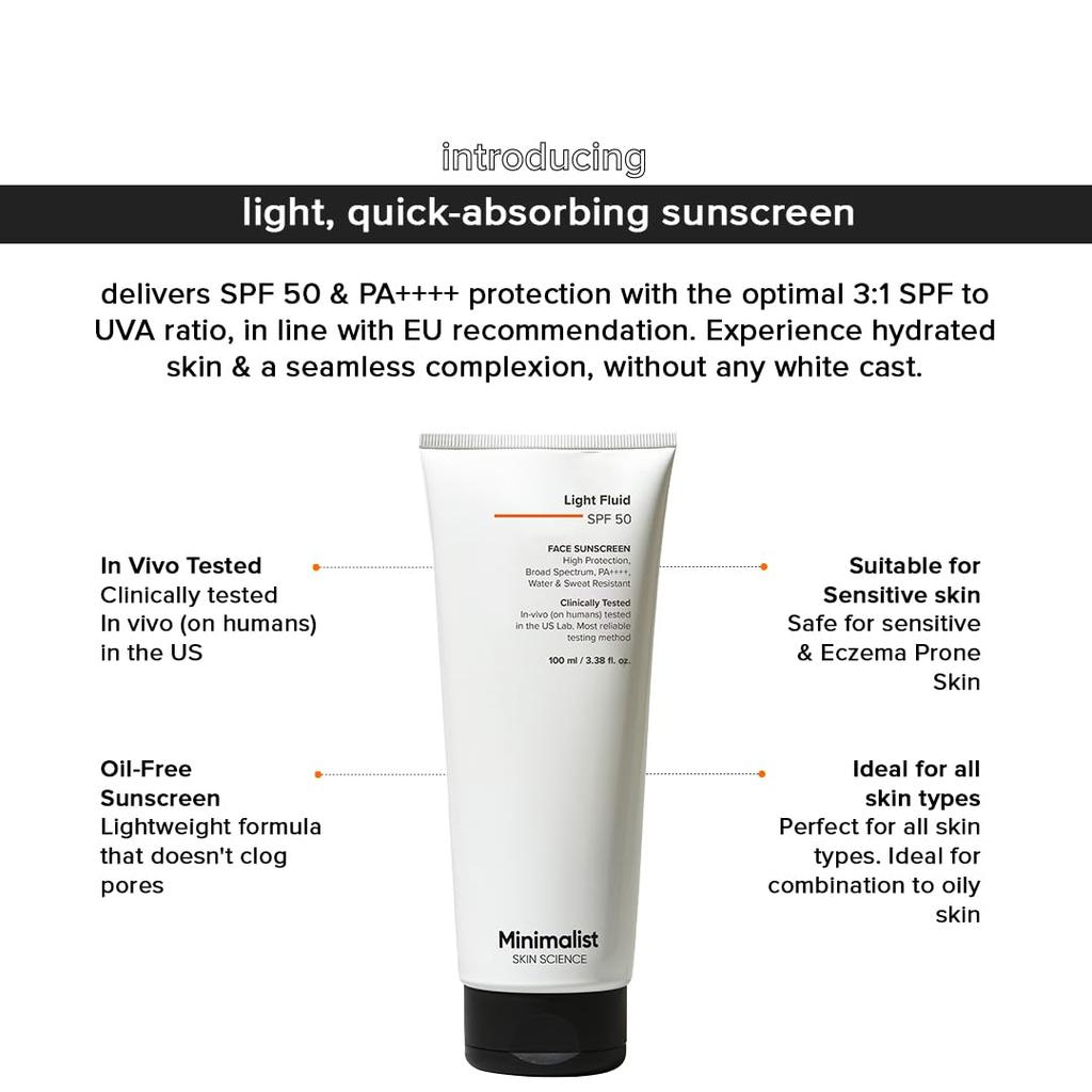Minimalistický lehký fluidní opalovací krém SPF 50 pro mastnou pleť (PA++++) | Klinicky testováno v USA | Nezanechává bílý film | Širokospektrální | Lehký, voděodolný a potu