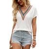Women Ethnic Vacation Style Jacquard Lace Patchwork V Neck Batwing Short Sleeve Top