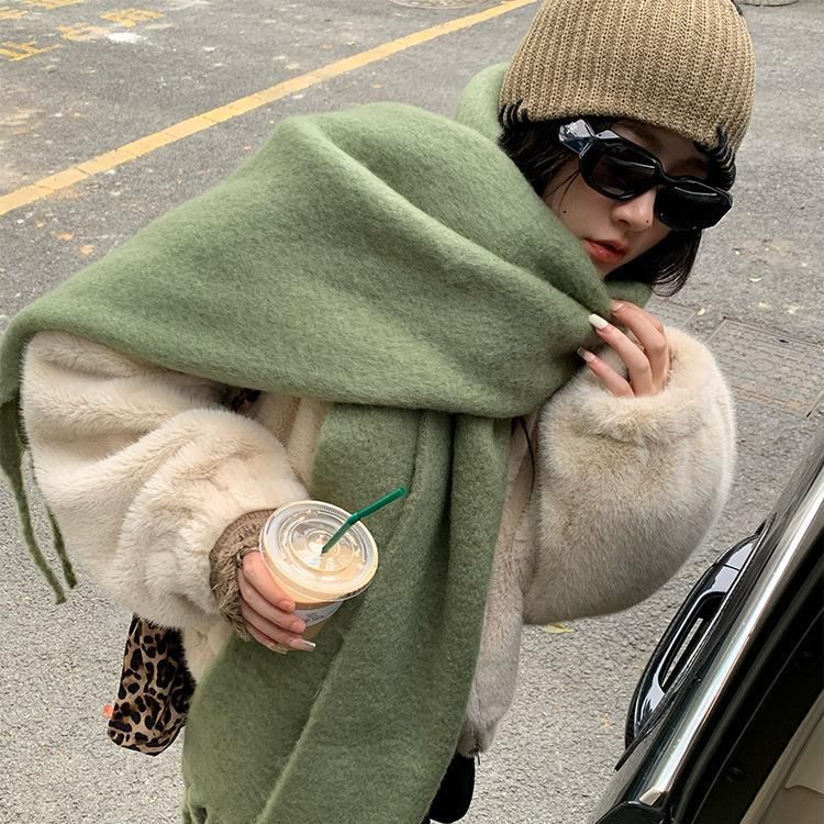 Autumn and Winter Velvet Feel Long Warm Tassel Brushed Large Scarf for Women Solid Color Versatile