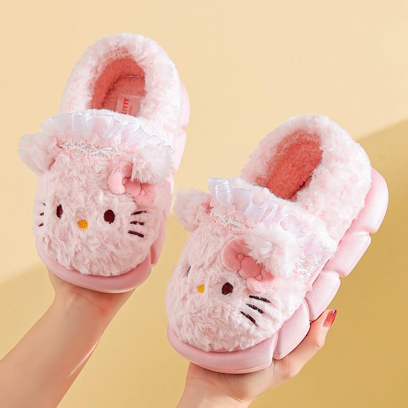 Sanrio Kids Winter Princess Slippers: Cute, Non-slip, Warm Heel, Parent-Child Indoor Shoes for Girls.