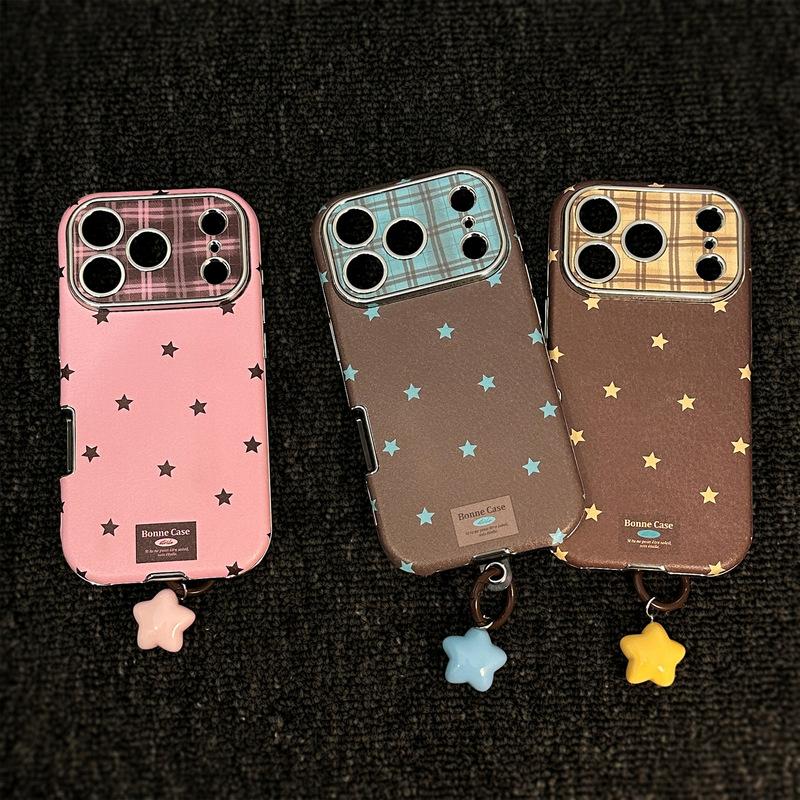 Retro Stars Plating Leather Texture Phone Case For iPhone 17 16 15 Plus 14 13 12 11 Pro Max With Star Pendant Shockproof Cover