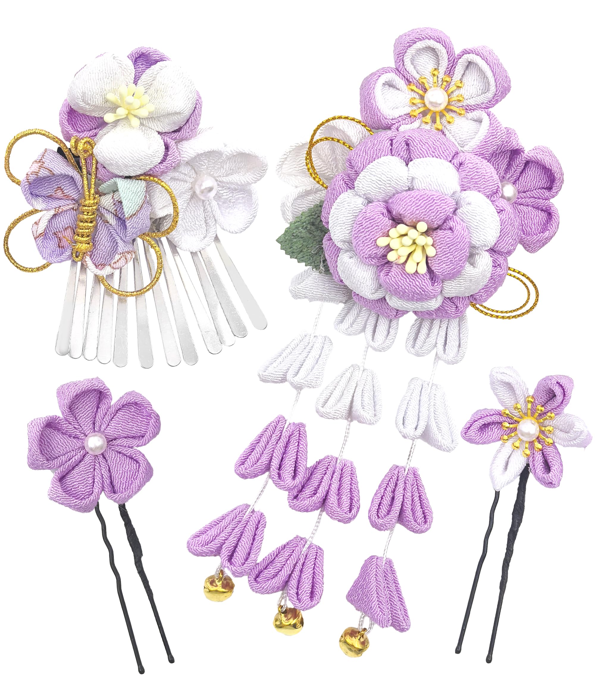 

Jzoon Hair Ornament Butterfly Handmade with Tsumami Zaiku Flowers and Perfect for and 4-Piece Set, Bells, Purple, H2116, Coming-of-Age Ceremonies,
