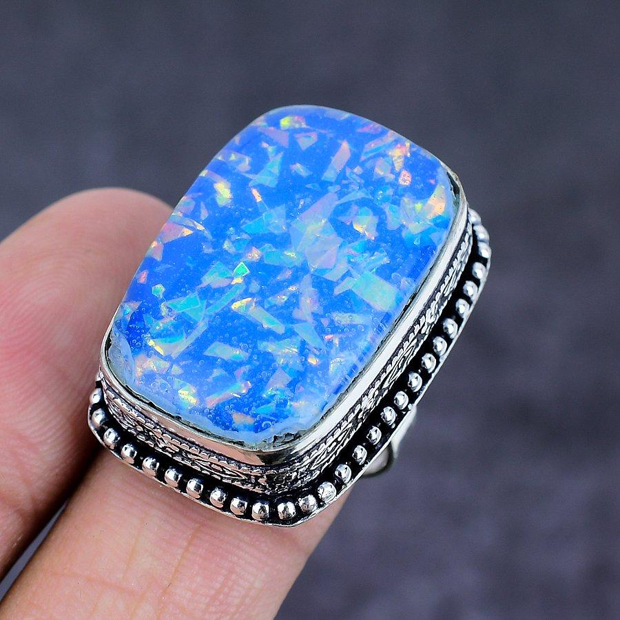 Blue Triplet Opal Gemstone 925 Sterling Silver Jewelry Ring Size 8